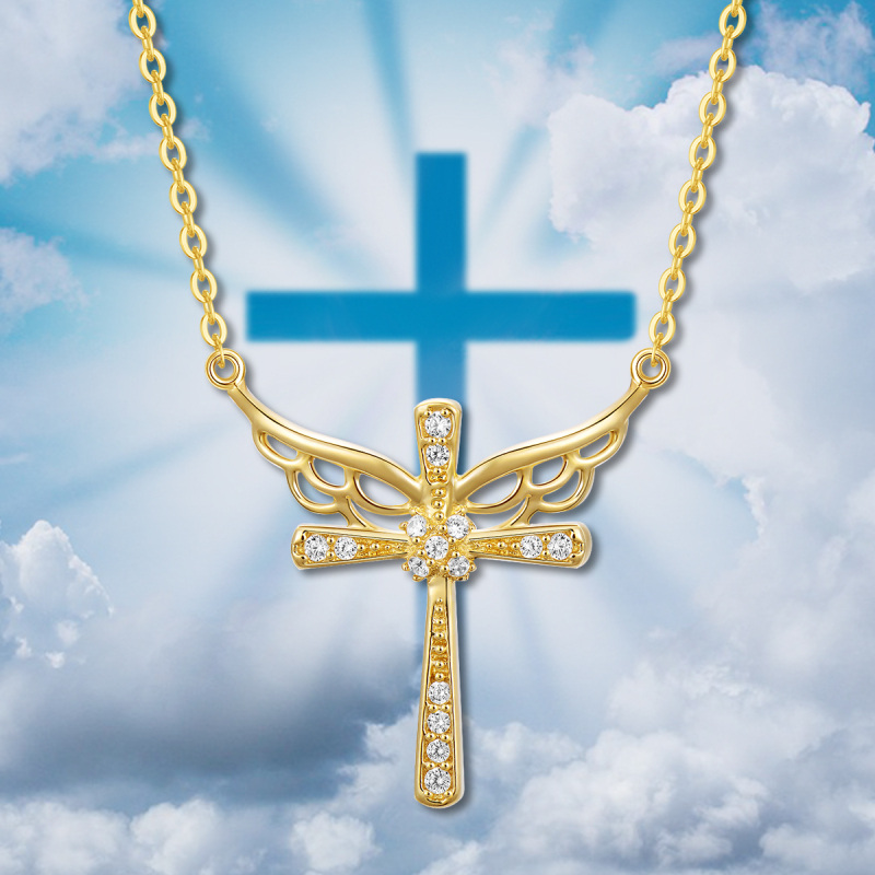 10K Gold Cubic Zirconia Angel Wing & Cross Pendant Necklace-3