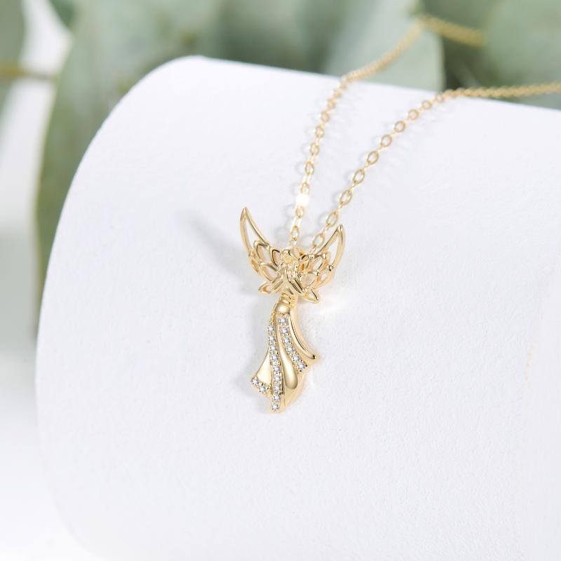 10K Gold Cubic Zirconia Angel Wing & Fairy Pendant Necklace-3