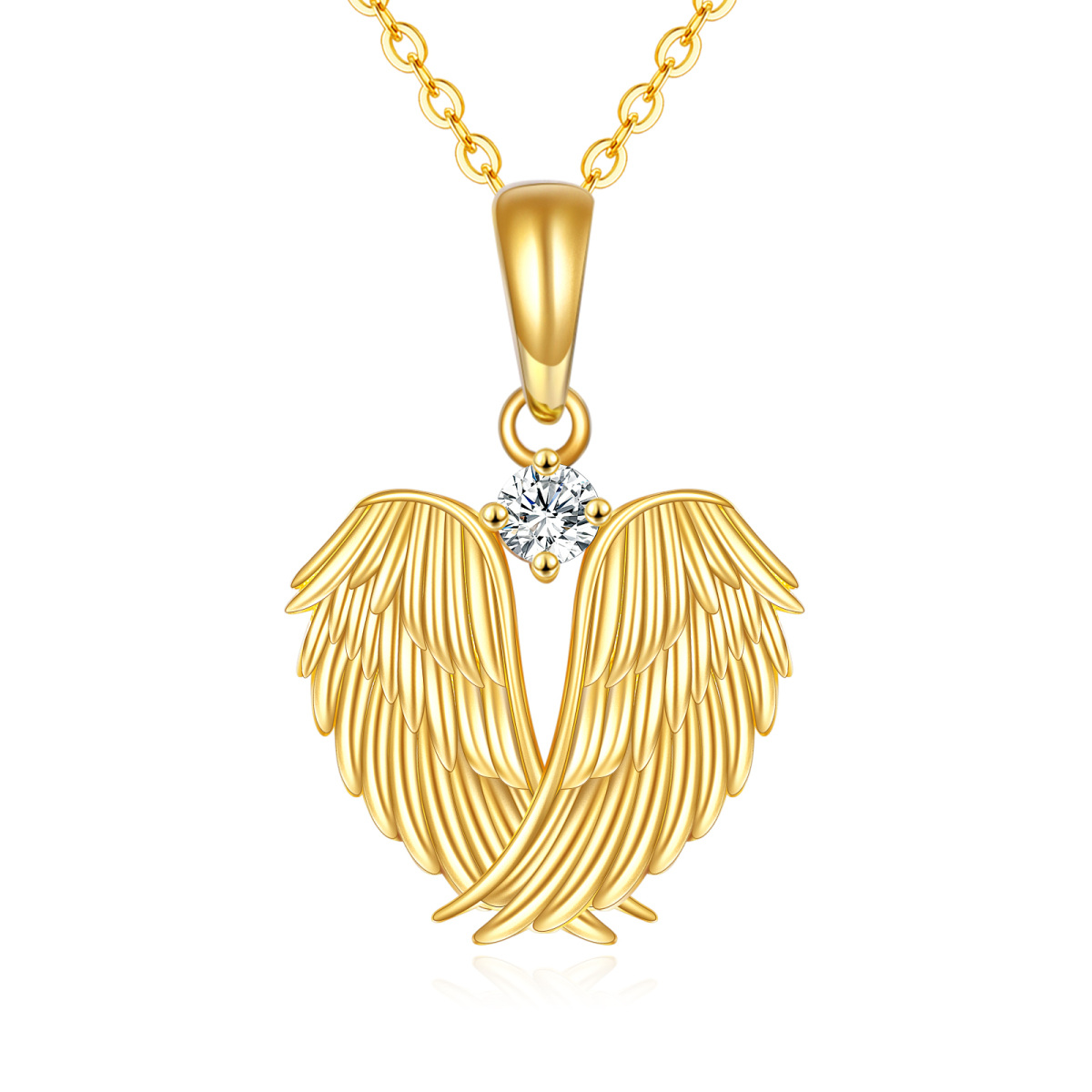 Collier avec pendentif cœur en forme d'aile d'ange et de plumes en or 14 carats avec zircone cubique-1