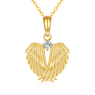 10K Gold Cubic Zirconia Angel Wing Feather Heart Pendant Necklace-51