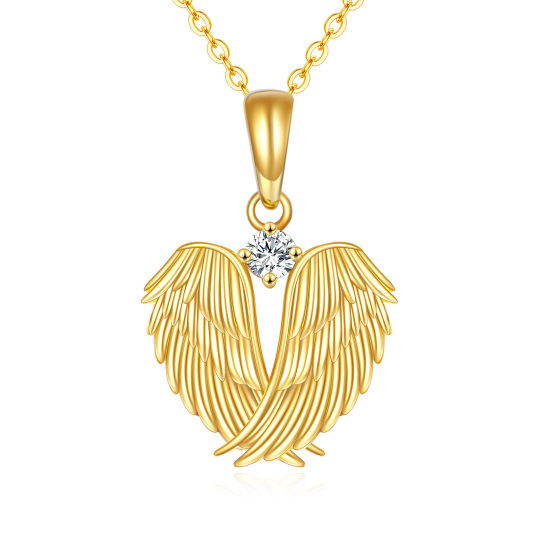 14K Gold Cubic Zirconia Angel Wing Feather Heart Pendant Necklace