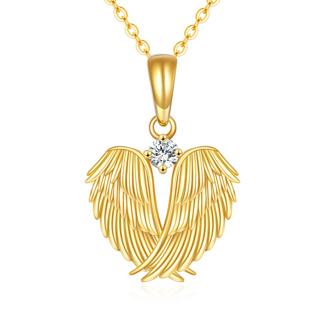 14K Gold Cubic Zirconia Angel Wing Feather Heart Pendant Necklace-2