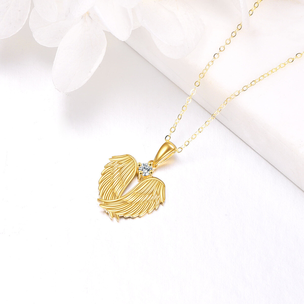 10K Gold Cubic Zirconia Angel Wing Feather Heart Pendant Necklace-3