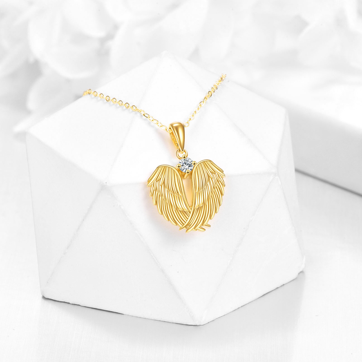 10K Gold Cubic Zirconia Angel Wing Feather Heart Pendant Necklace-4