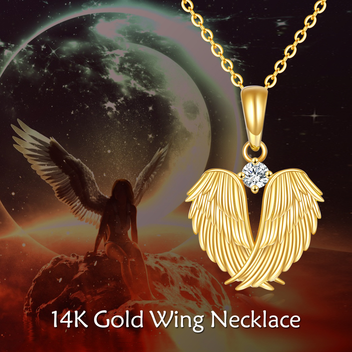 14K Gold Cubic Zirconia Angel Wing Feather Heart Pendant Necklace-5