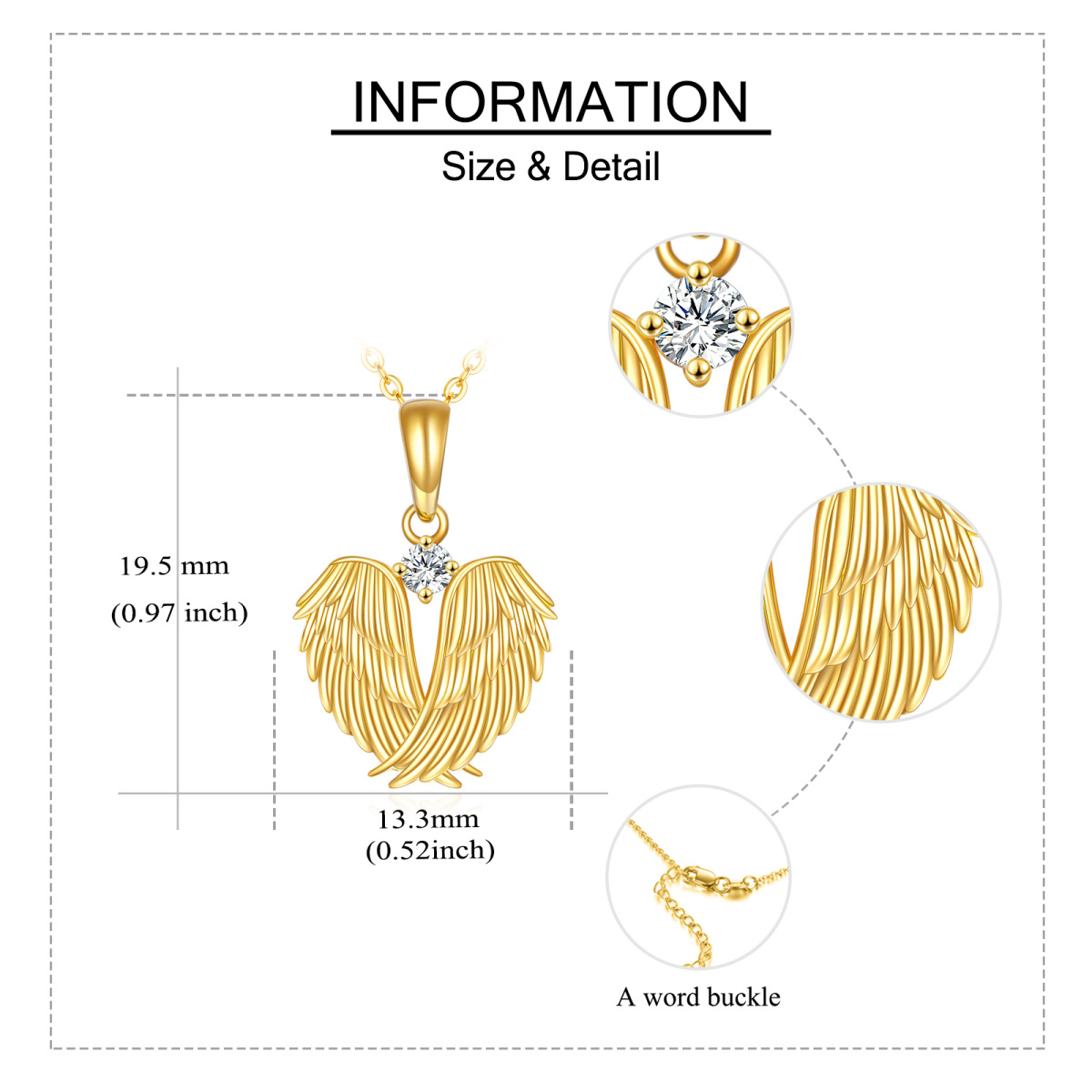 Halskette mit Engelsflügel- und Feder-Herz-Anhänger aus 14 Karat Gold mit Zirkonia-6