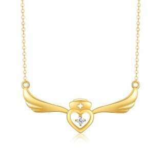 10K Gold Cubic Zirconia Angel Wing & Heart Necklace for Women-5