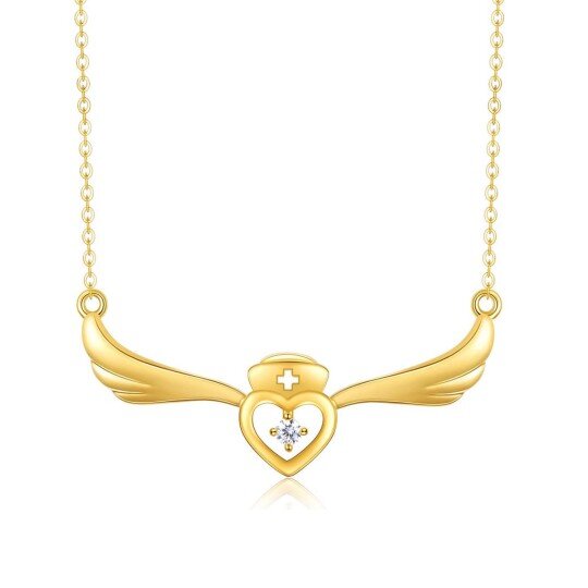 10K Gold Cubic Zirconia Angel Wing & Heart Necklace for Women