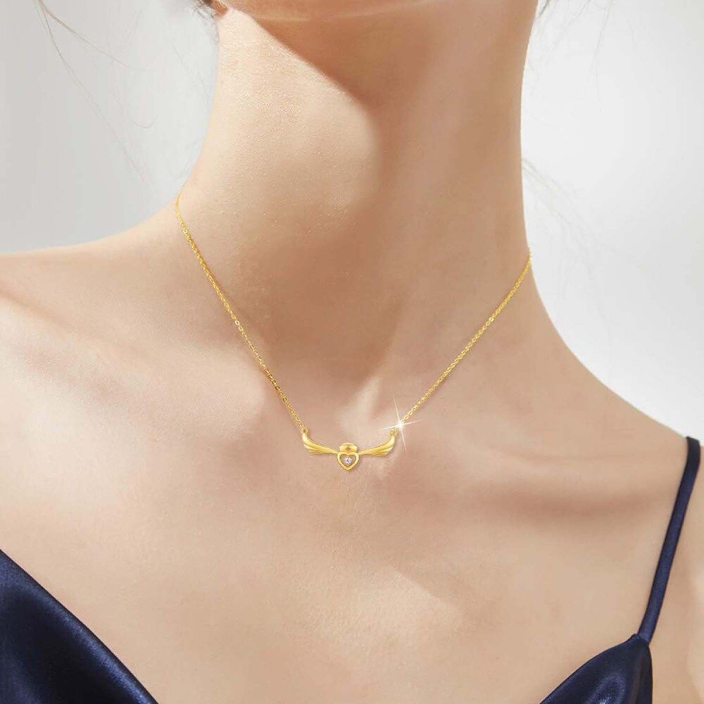 10K Gold Cubic Zirconia Angel Wing & Heart Necklace for Women-2