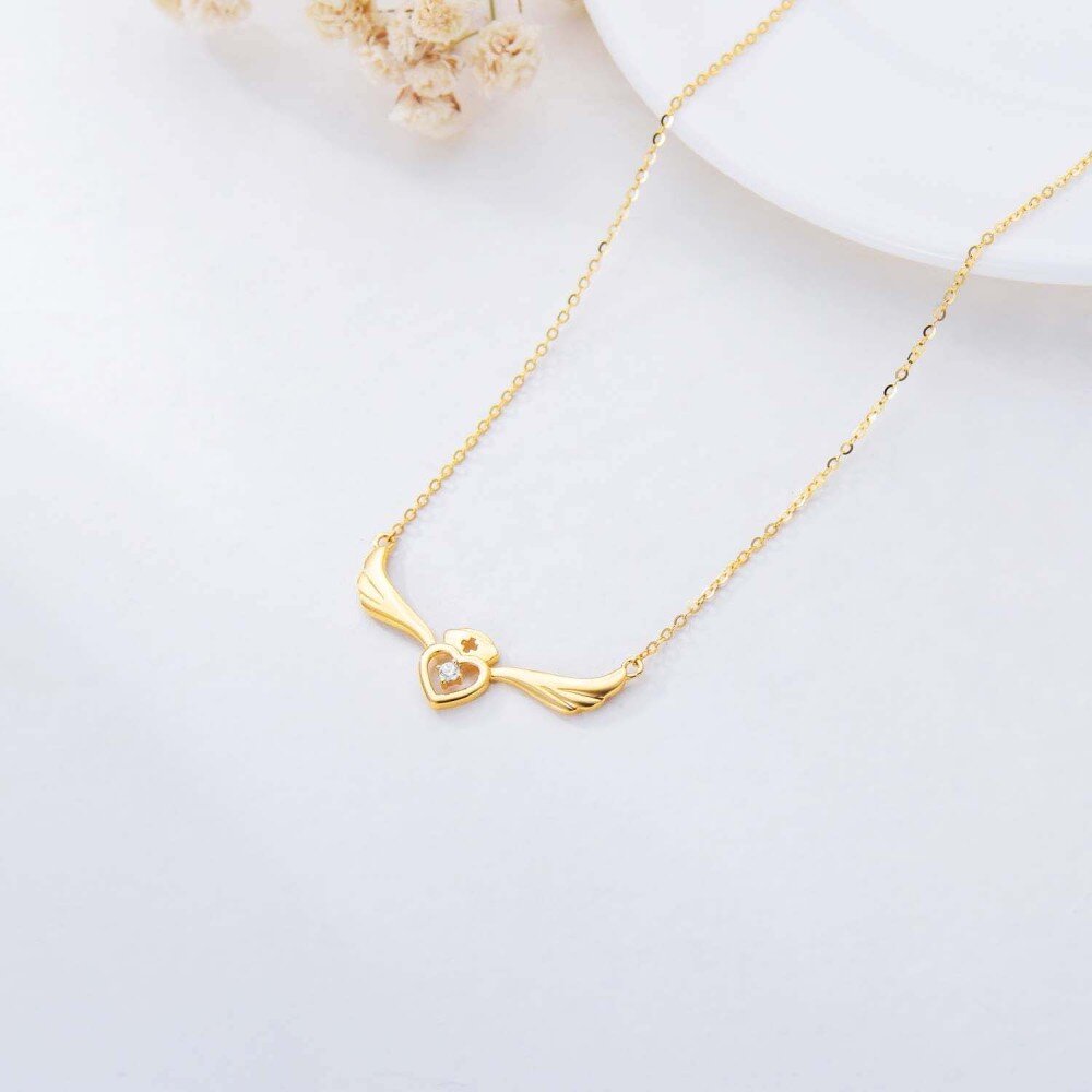 10K Gold Cubic Zirconia Angel Wing & Heart Necklace for Women-3