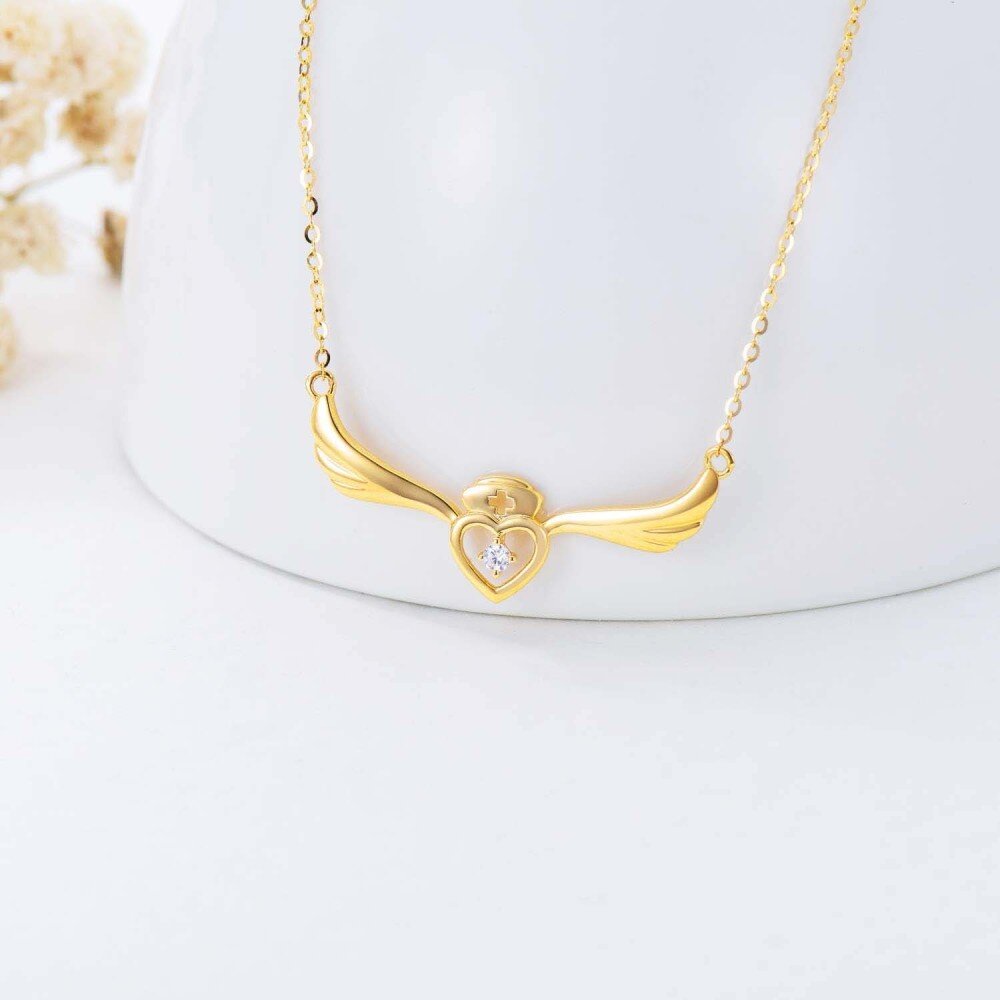 10K Gold Cubic Zirconia Angel Wing & Heart Necklace for Women-4