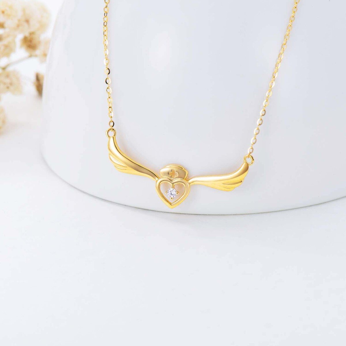 Collier en or 14 carats avec pendentif en forme d'aile d'ange et de cœur en zircone cubique pour femme-4