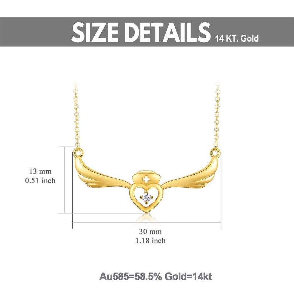 10K Gold Cubic Zirconia Angel Wing & Heart Necklace for Women-5