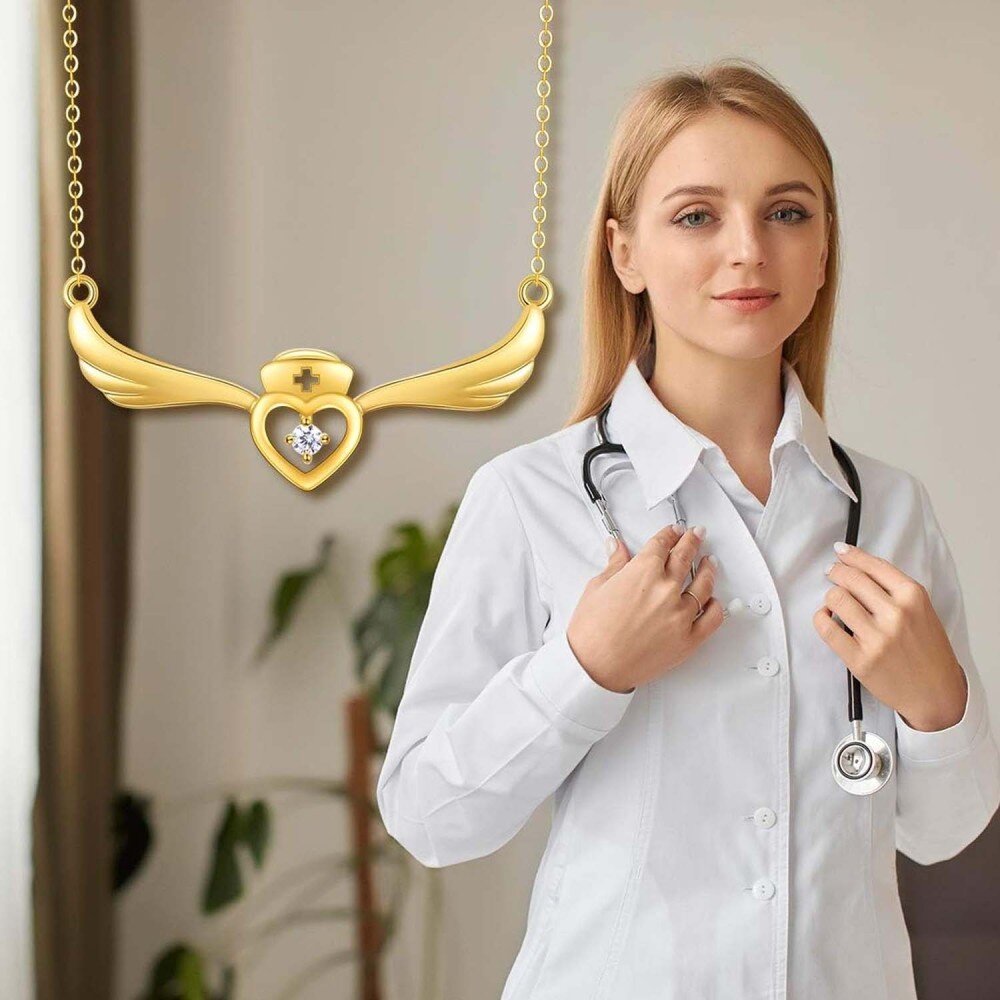 10K Gold Cubic Zirconia Angel Wing & Heart Necklace for Women-6
