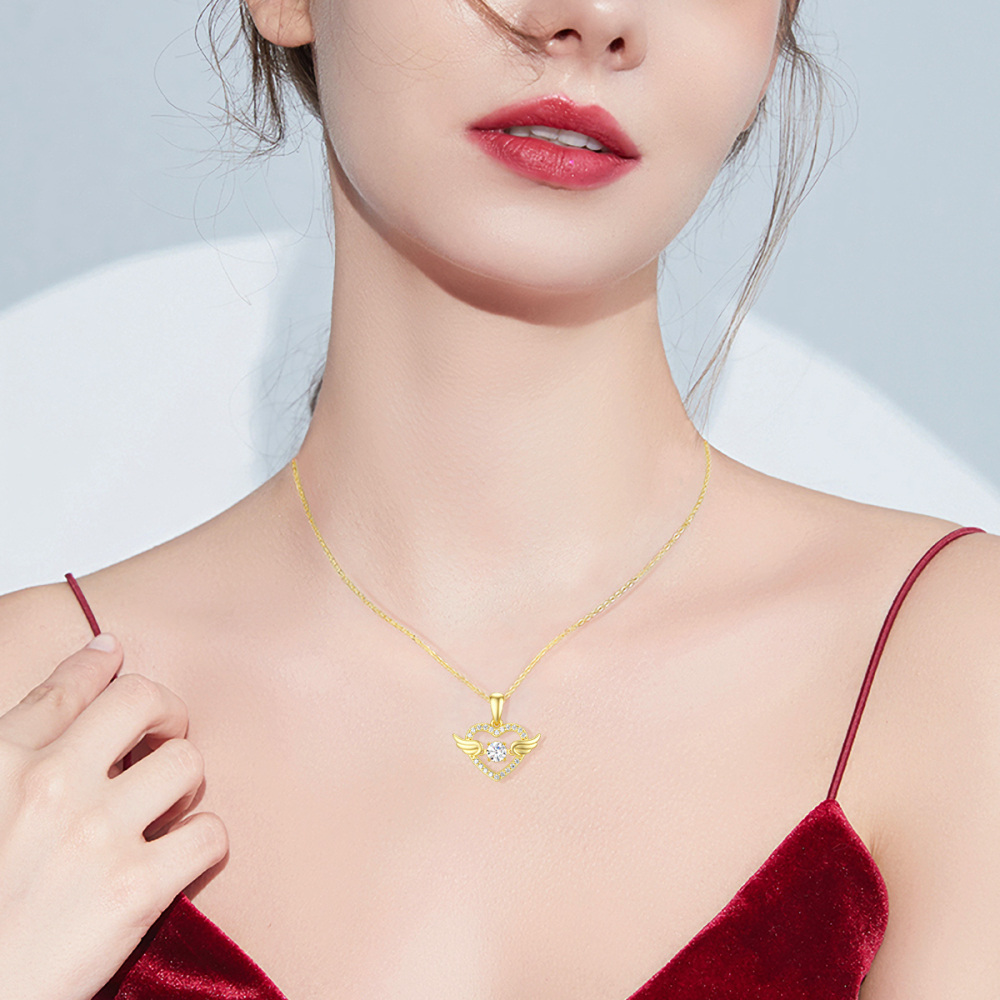 10K Gold Cubic Zirconia Angel Wing & Heart Pendant Necklace-2