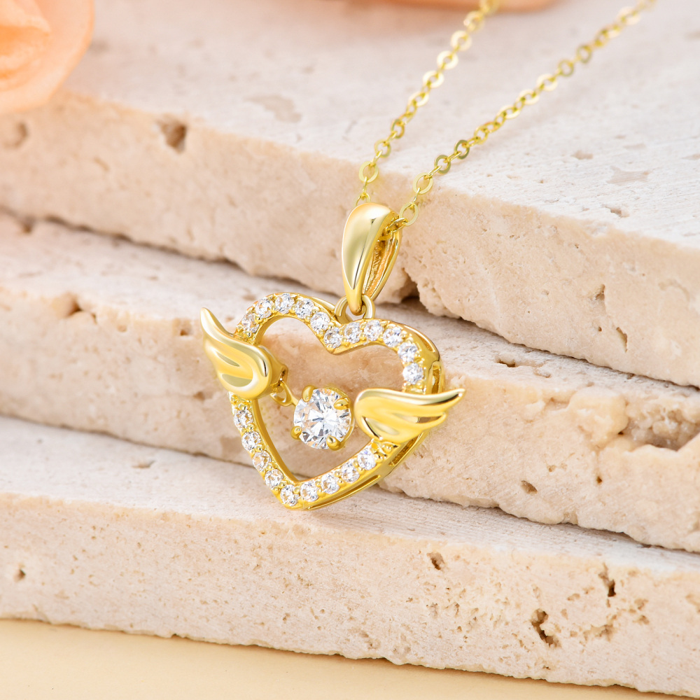 10K Gold Cubic Zirconia Angel Wing & Heart Pendant Necklace-3