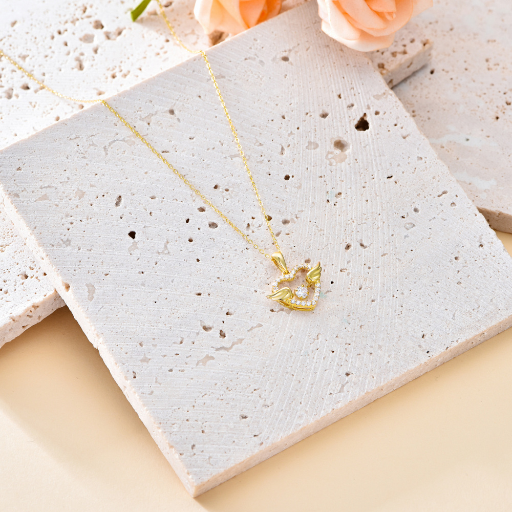 10K Gold Cubic Zirconia Angel Wing & Heart Pendant Necklace-4