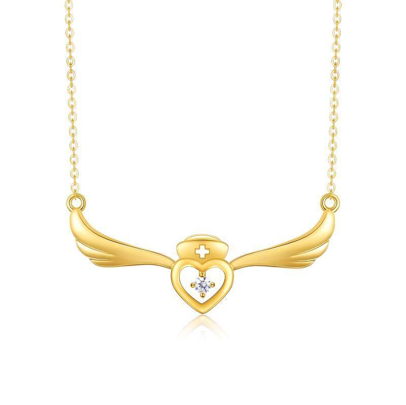 14K Gold Cubic Zirconia Angel Wing & Heart Pendant Necklace-1