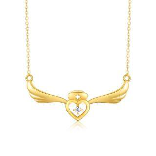 10K Gold Cubic Zirconia Angel Wing & Heart Pendant Necklace-56