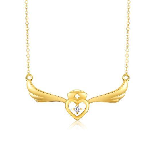 Collana con ciondolo a cuore e ala d'angelo in oro 14K con zirconia cubica