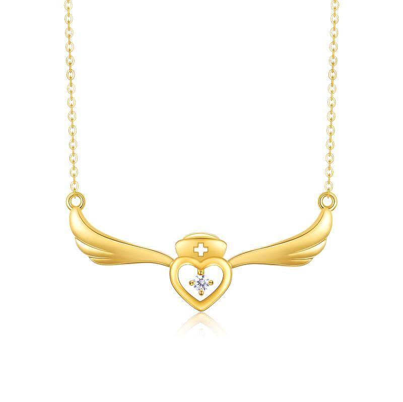 10K Gold Cubic Zirconia Angel Wing & Heart Pendant Necklace-12
