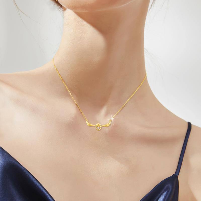 Collier à pendentifs en or 14K à ailes d'ange et cœur en zircon cubique-2