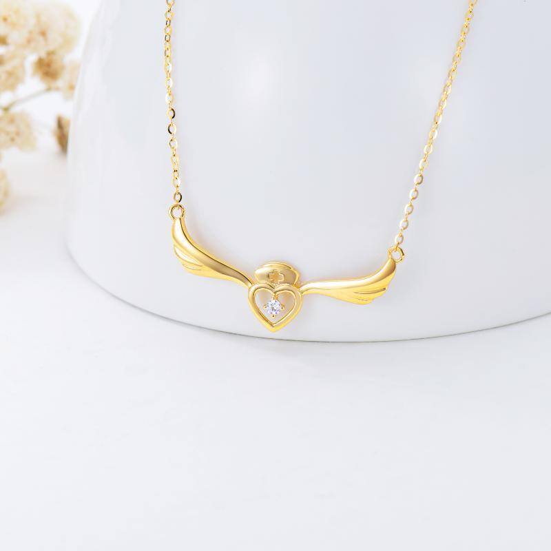 14K Gold Cubic Zirconia Angel Wing & Heart Pendant Necklace-4