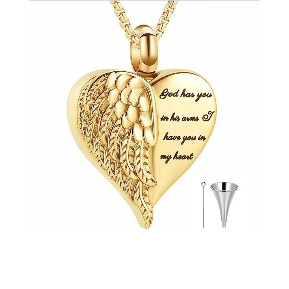 14K Gold Angel Wing & Heart Urn Necklace for Ashes with Engraved Word-1