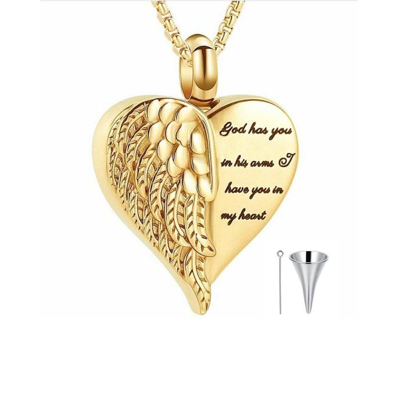 Collana con urna a forma di cuore con ali d'angelo in oro 14K per le ceneri con parola incisa