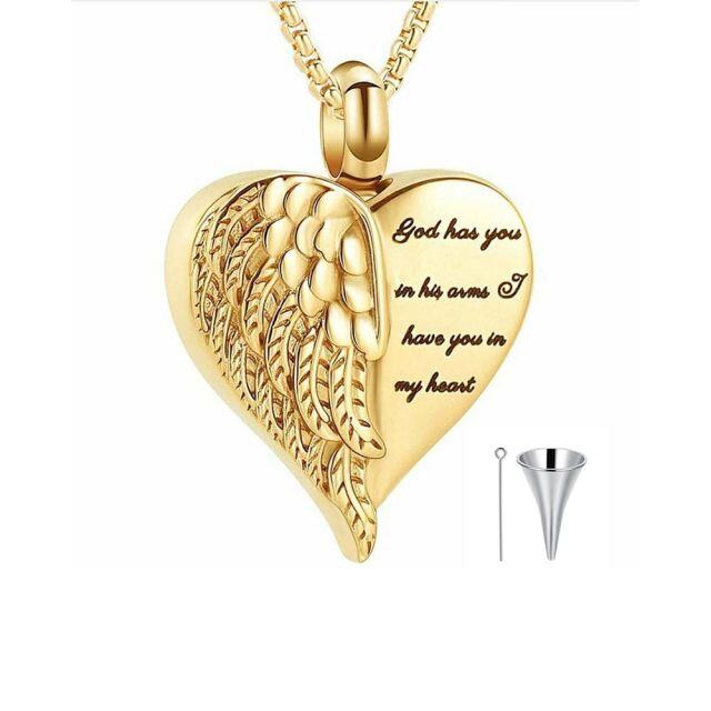 Collana con urna a forma di cuore con ali d'angelo in oro 14K per le ceneri con parola incisa-1