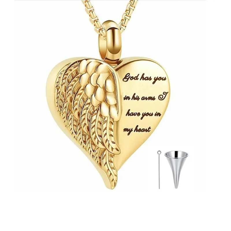 14K Gold Angel Wing & Heart Urn Necklace for Ashes with Engraved Word-3