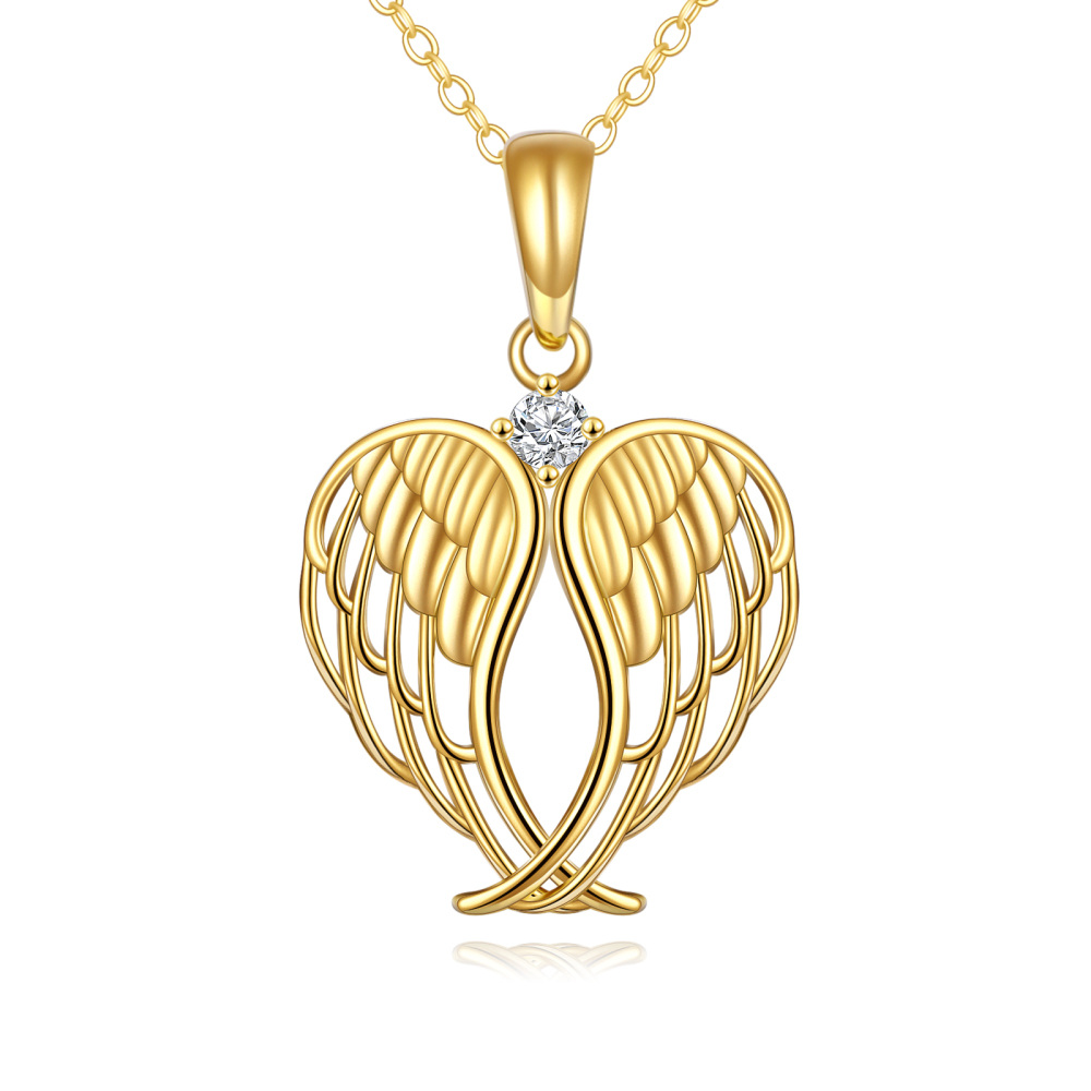10K Gold Cubic Zirconia Angel Wings Heart Shaped Pendant Necklace-1