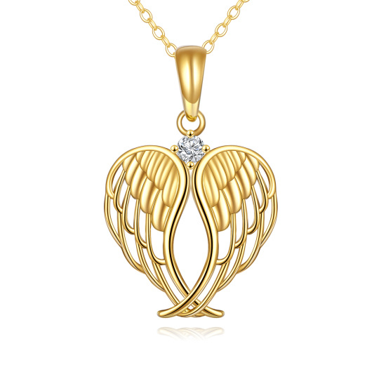 14K Gold Cubic Zirconia Angel Wings Heart Shaped Pendant Necklace