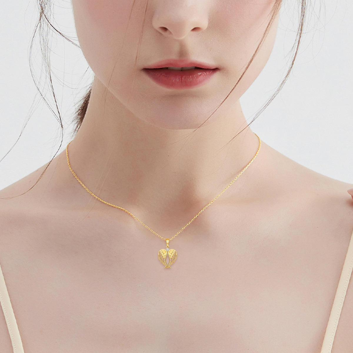 Collier en or 14K avec pendentif en forme de coeur et ailes d'ange en zircon cubique-2