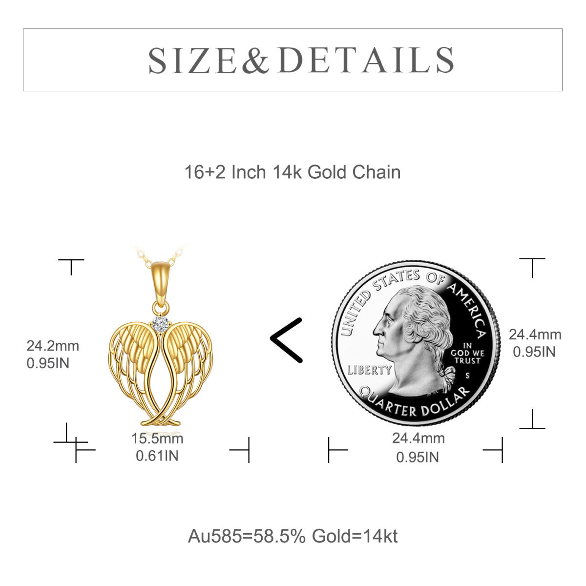 14K Gold Cubic Zirkonia Engelsflügel Herz geformt Anhänger Halskette-5