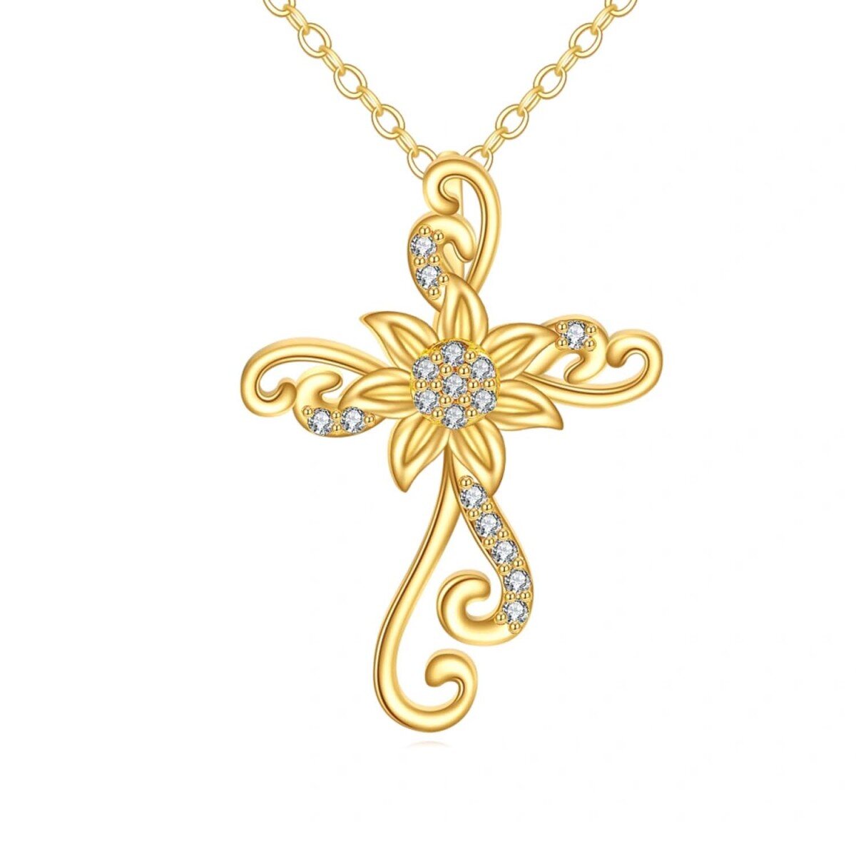 10K Gold Cubic Zirconia Sunflower & Cross Necklace for Women-1