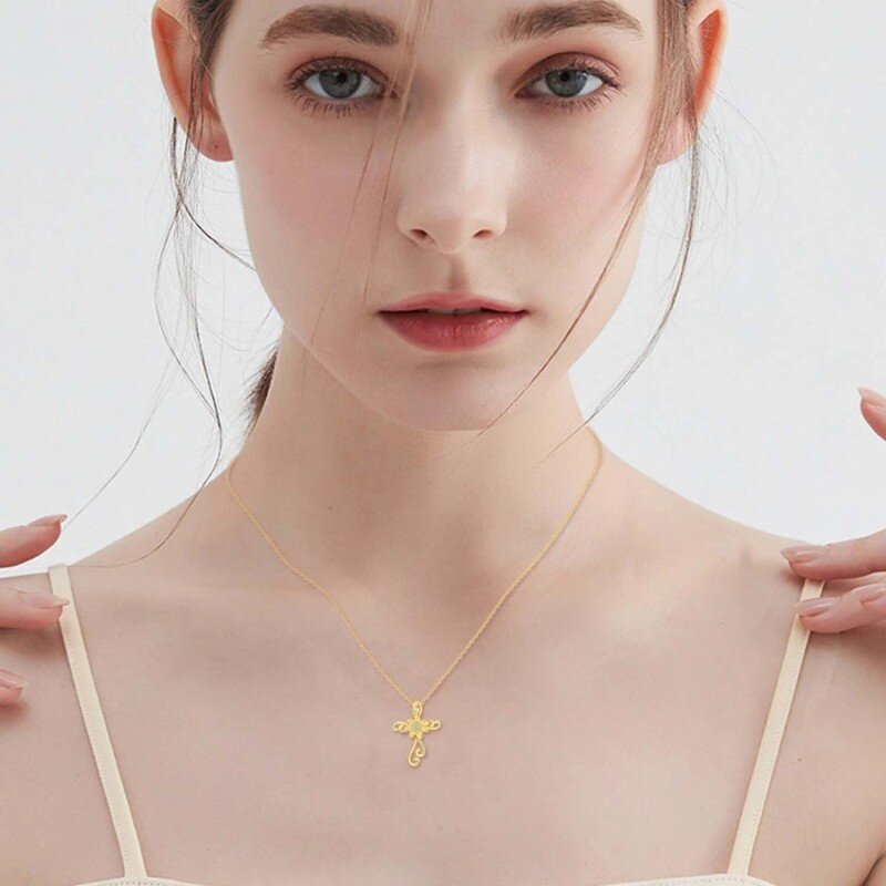 Collana con ciondolo a forma di girasole e croce in oro bianco 10K con zirconi cubici-2