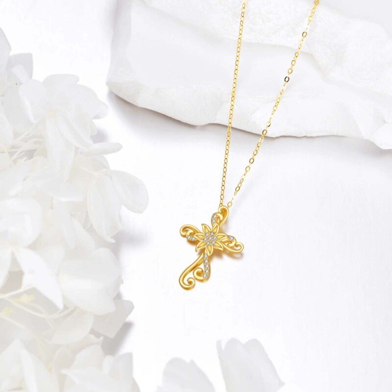 Collana con ciondolo a forma di girasole e croce in oro bianco 10K con zirconi cubici-3