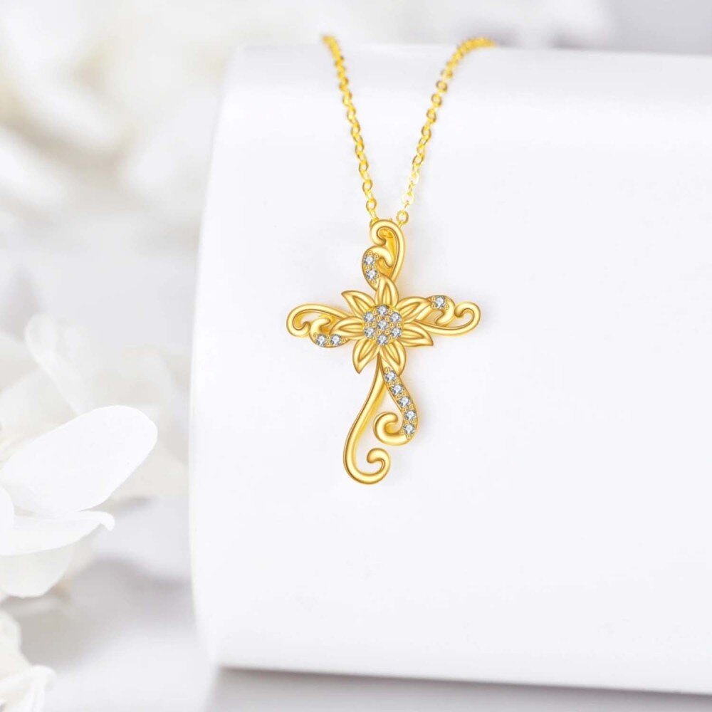 10K Gold Cubic Zirconia Sunflower & Cross Necklace for Women-4