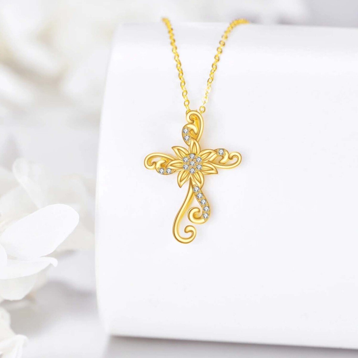 10K Gold Cubic Zirconia Sunflower & Cross Necklace for Women-4