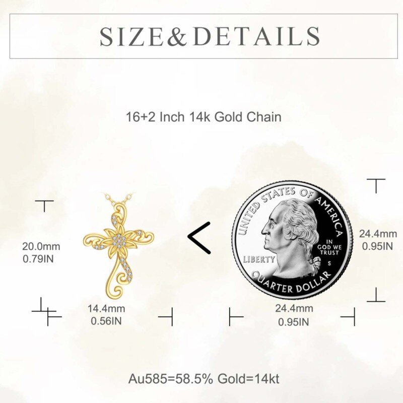 Collana con ciondolo a forma di girasole e croce in oro bianco 10K con zirconi cubici-5