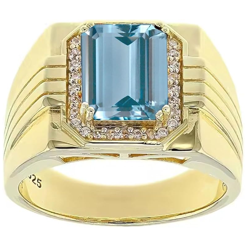 14K Gold Aquamarine with Diamonds Halo Emerald Cut Custom Engagement Ring for Men-1