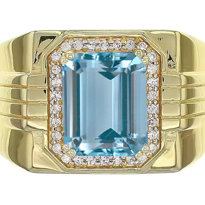 14K Gold Aquamarine with Diamonds Halo Emerald Cut Custom Engagement Ring for Men-2