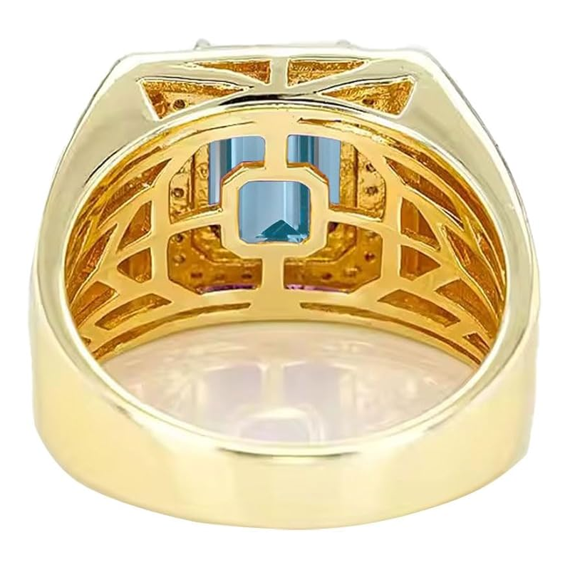 14K Gold Aquamarine with Diamonds Halo Emerald Cut Custom Engagement Ring for Men-3