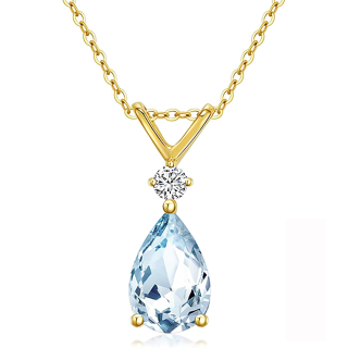 14K Gold Aquamarine Drop Shape Pendant Necklace Gemstone Necklaces-4
