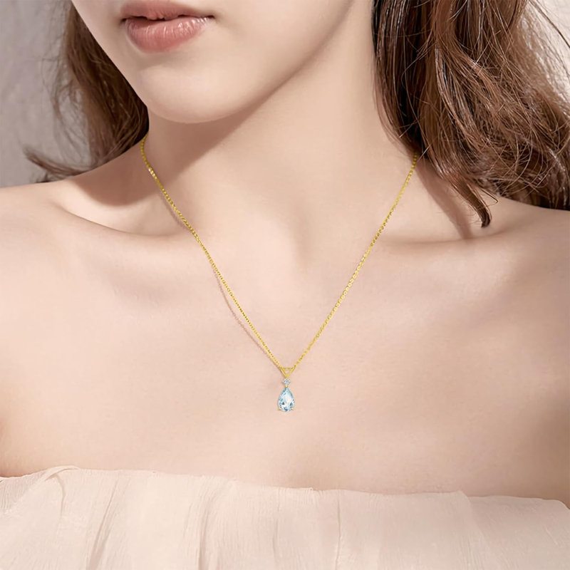 10K Gold Aquamarine Drop Shape Pendant Necklace Gemstone Necklaces-2
