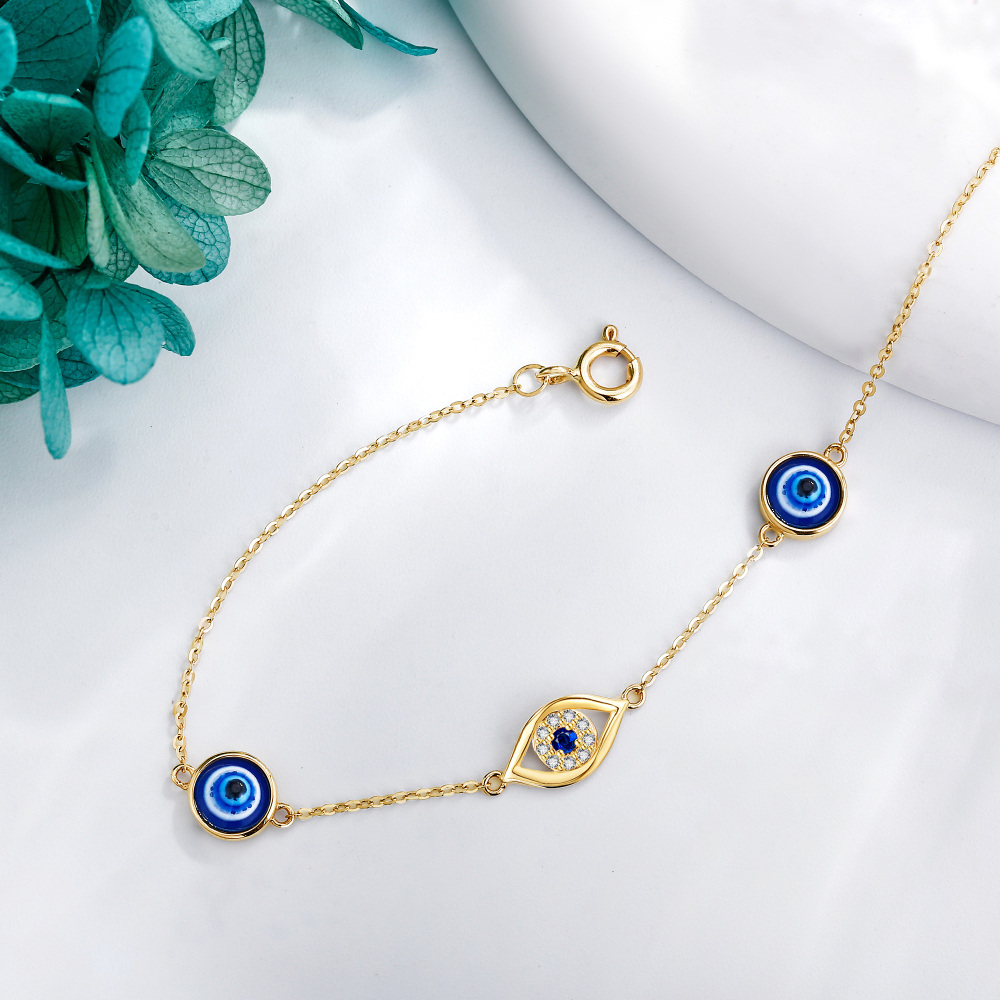 10K Gold Aquamarine & Moissanite Evil Eye Bracelet for Women-3