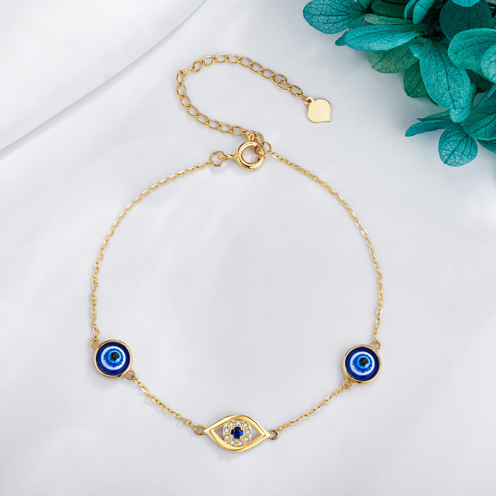 10K Gold Aquamarine & Moissanite Evil Eye Bracelet for Women-4
