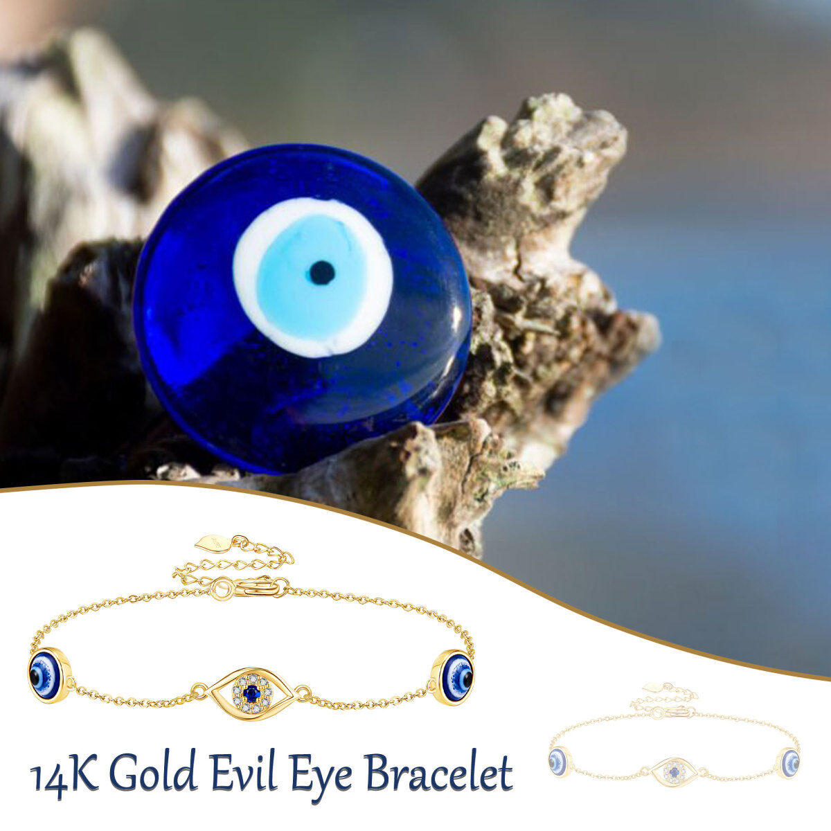 14K Gold Aquamarine & Moissanite Evil Eye Bracelet for Women-6