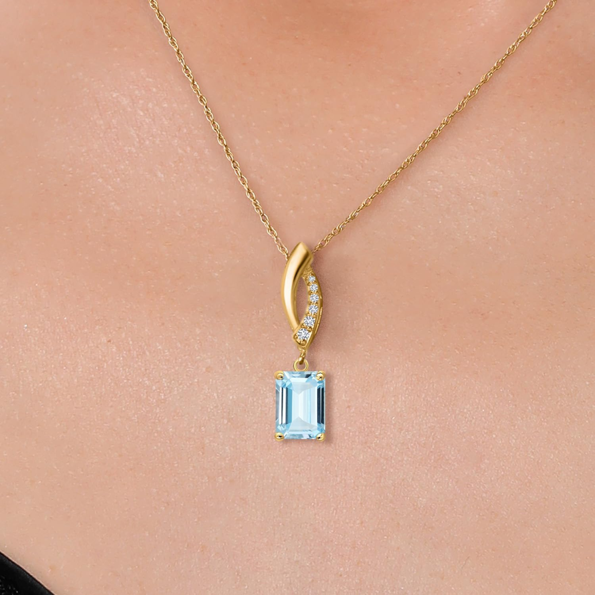 14K Gold Aquamarine & Moissanite Square Necklace Gemstone Necklace-3